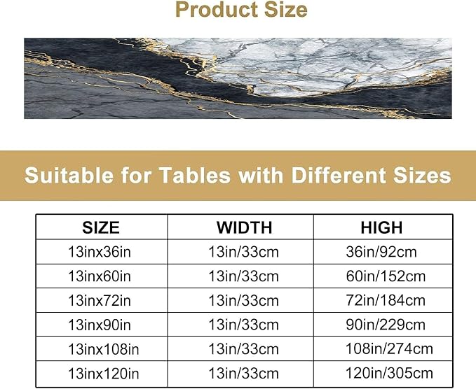 Marble Table Runner,Gold Glitter Gray Black Stone Marble Tie Dye Fluid Abstract Art Pattern Table Runner for Coffee Table Dining Room Table Bedroom Party Holiday Decor 13x72inch