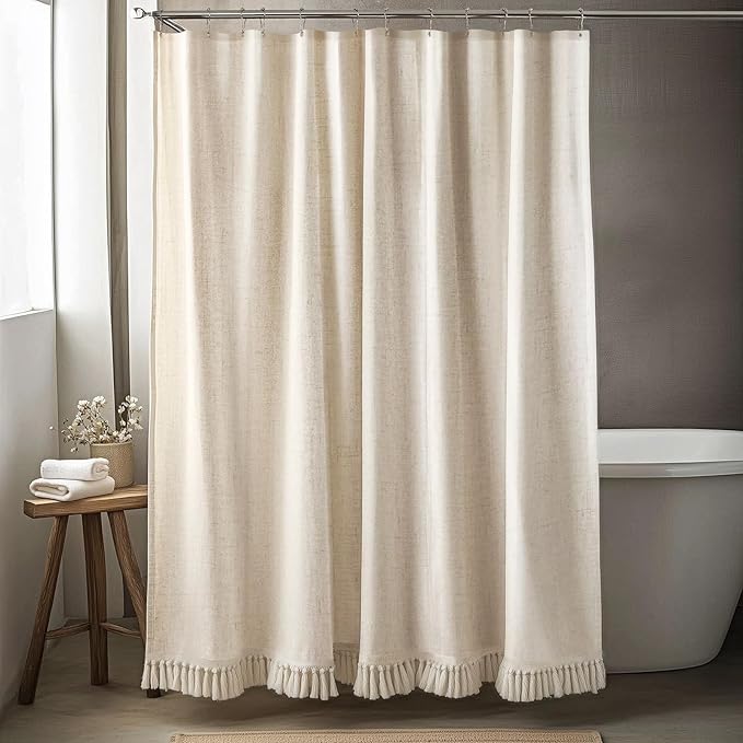 78 Inches Long Natural Linen Shower Curtain with Tassels, Tall Country Boho Farmhouse Linen Shower Curtains for Bathroom Natural Cloth Weighted Fabric Bath Curtains