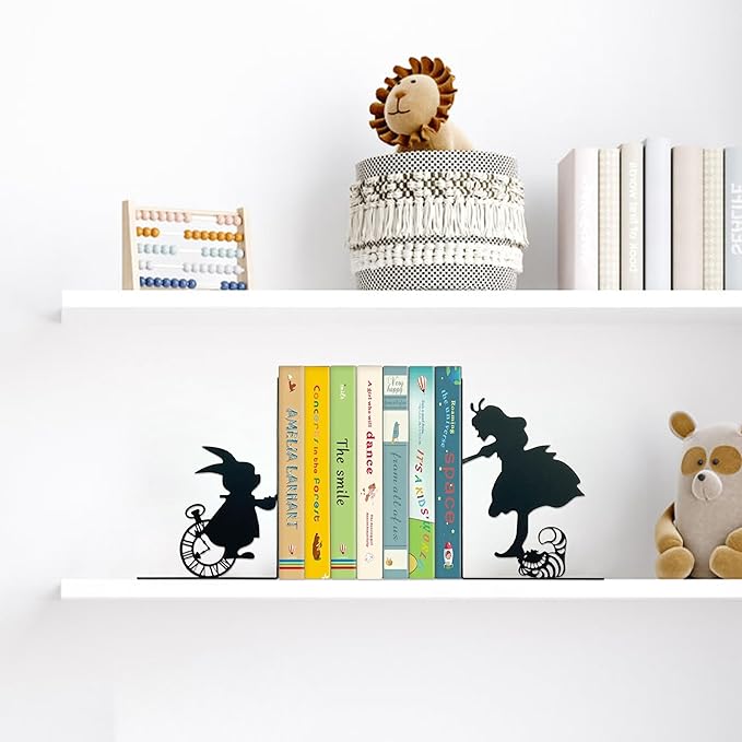 Alice Decorative Bookends for Bookshelf – Metal Wonderland Bookends for Home, Cute Alice and Rabbit Design, Unique Decorative Bookends for Shelves, Gifts for Wonderland Fans, Home and Office Decor