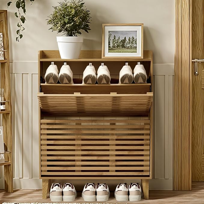 Shoe Cabinet, 31.5" W Storage Cabinet with Louvered 2 Flip Drawers for Entryway, Freestanding Shoe Organizer, Slim Shoe Rack in Walnut