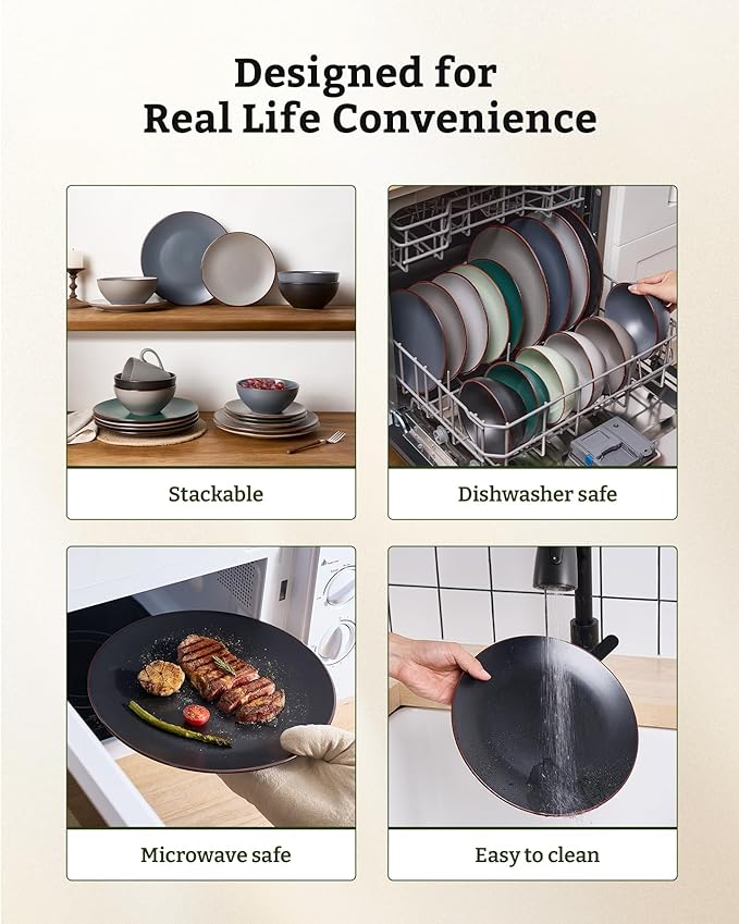 Famiware Venus Plates and Bowls Sets with Trim, 18 Pieces Stoneware Chip Resistant Dinnerware Dishes for 6, Matte Black - Microwave/Dishwasher Safe, Modern Minimalist, for Everyday Meals/Formal Dining