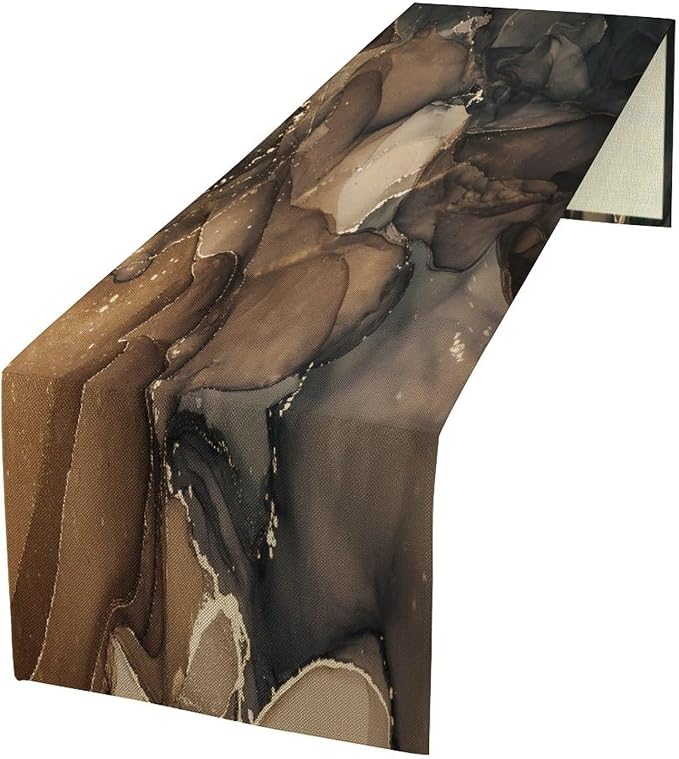Marble Table Runner,Abstract Brown Black Gold Luxury Flow Liquid Modern Home Vintage Stone Pattern Table Runner for Coffee Table Dining Room Table Bedroom Party Holiday Decor 13x120inch