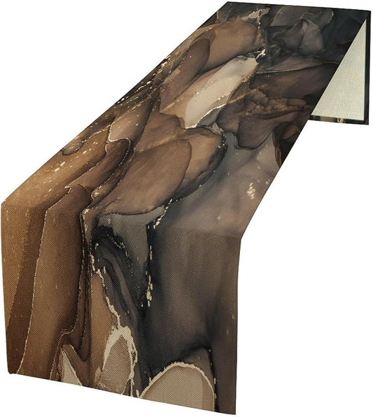 Marble Table Runner,Abstract Brown Black Gold Luxury Flow Liquid Modern Home Vintage Stone Pattern Table Runner for Coffee Table Dining Room Table Bedroom Party Holiday Decor 13x120inch