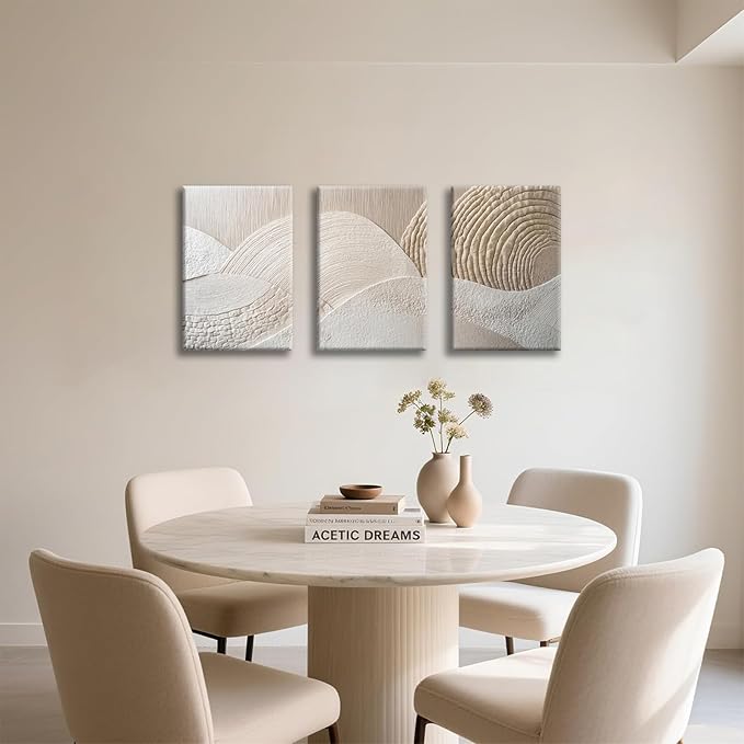 skysoon 3 Panels Neutral Abstract Wall Art, Minimalist Textured Canvas Wrapped Wall Decor, Beige Modern Boho Nordic Artwork for Living Room Bedroom Office 12x16 Inch
