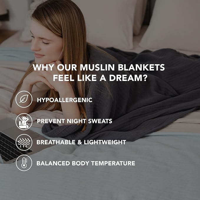 Goqan Muslin Blanket King Size 90x108 – 100% Turkish Cotton 4 Layer Boho Muslin Blanket for Adults, Four Season, Lightweight and Thin, Soft, Breathable - Dark Grey