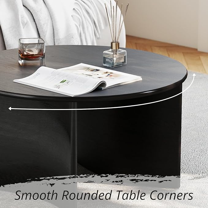 ROCITY 31.5'' Round Coffee Table, Black Circle Coffee Table with Curved Base, Solid Wood, Ideal for Living Room, Apartment, Compact Place