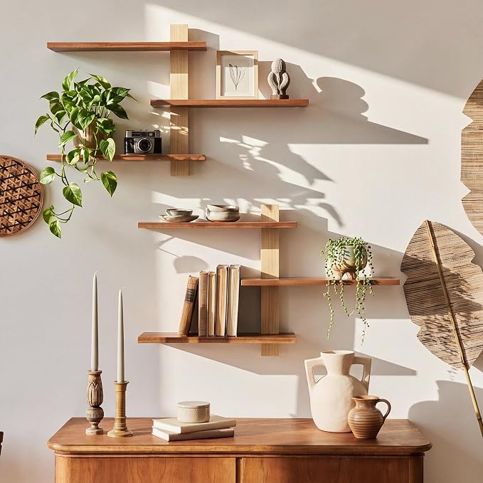 Pinkunn 2 Pack Wood 3 Tier Floating Shelf Large Minimalist Wall Shelves Mid Century Modern Furniture Wall Mount Shelf Art Decor Rustic Shelving for Bedroom Living Room Office Home(Natural Wood)