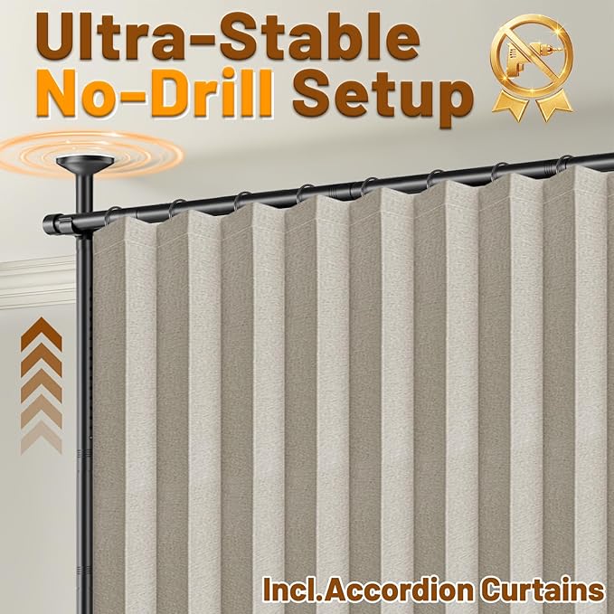 AJAZZ Room Divider Curtain (2 Panels, Cream White, W100 x L84 in)+ Curtain Rods No Drilling Adjustable Tension (H) 43-120×(W) 35-200 in, Heavy Duty Wall Divider for Apartment/Dorm