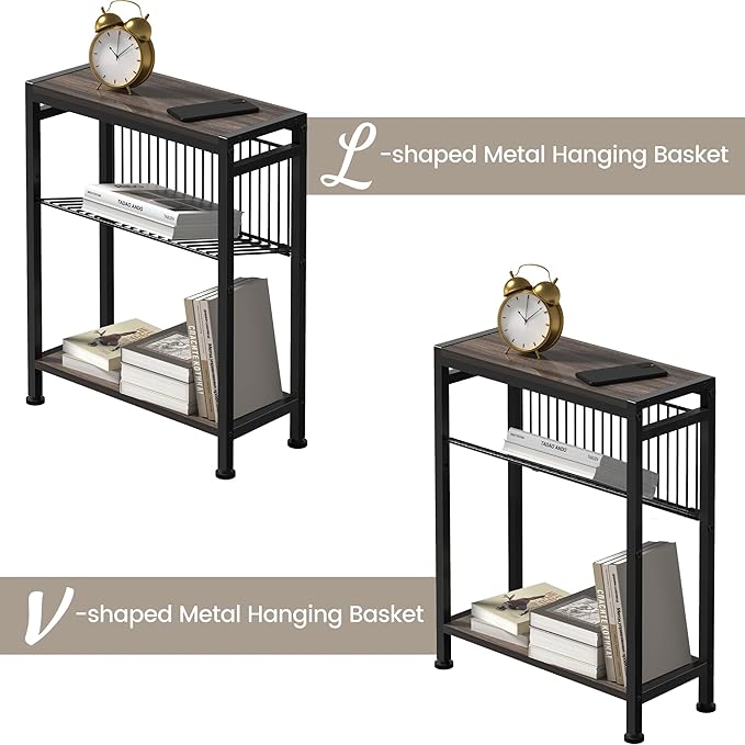 Small Side Table Set of 2 for Small Space, 3-Tier Narrow End Tablewith Magazine Holder,SmallNightstand, Skinny Snack Couch Table in Living Room, Bedroom Study and Balcony(Ash Brown)