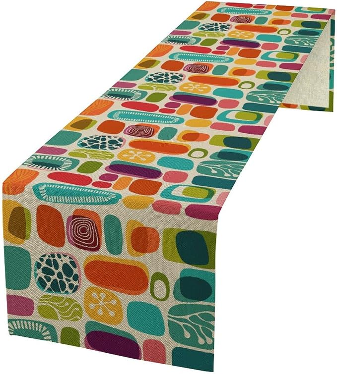 Mid Century Geometry Table Runner Colorful Rectangle Bohemia Abstract Geometry Pattern for Home Kitchen Table Decor Dining Coffee Room Party Decor 13x90in