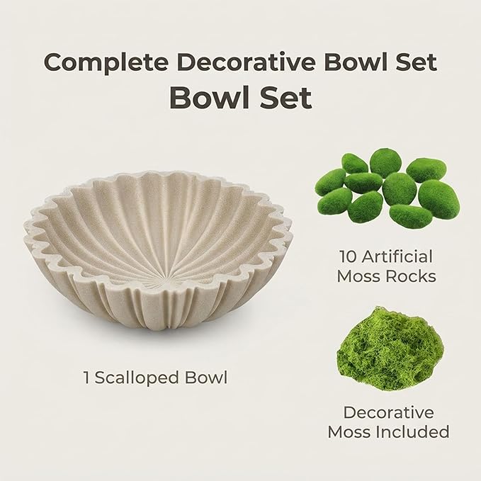 Decorative Bowl Set for Home Decor, 10.6" Large Beige Scalloped Fruit Bowl for Coffee Table, Entryway Table or Kitchen Counter, with 10 Artificial Moss Rocks and Decorative Moss