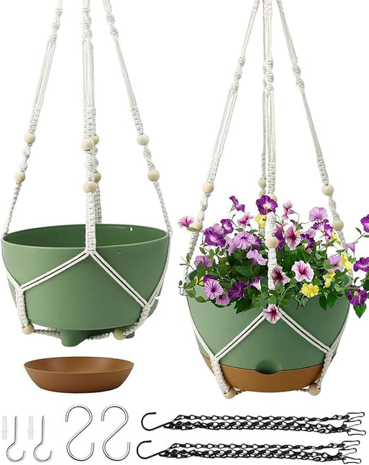 Koalaime Hanging Planter Self Watering 10 Inch, 2 Pack Indoor Outdoor Hanging Baskets, Hanging Flower Pots with Drainage Hole & 2 Kinds of Plant Hangers for Garden Home Decor(Green)…