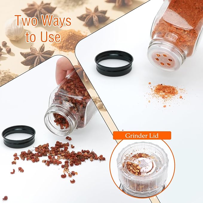 15 Pack 8oz Glass Spice Jars with Grinders, Square Spice Bottles with Deeper Shaker Lids & Airtight Metal Caps, Seasoning Containers with Labels for Spice Organization, Fits Cabinet, Spice Rack
