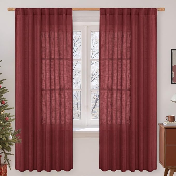 LAMIT 72 inch Red Linen Curtains for Living Room 2 Panels, Linen Textured Light Filtering Semi Sheer Back Tab and Rod Pocket Curtain Panels for Bedroom/Farmhouse, Burgundy Red, 52 x 72 Inch