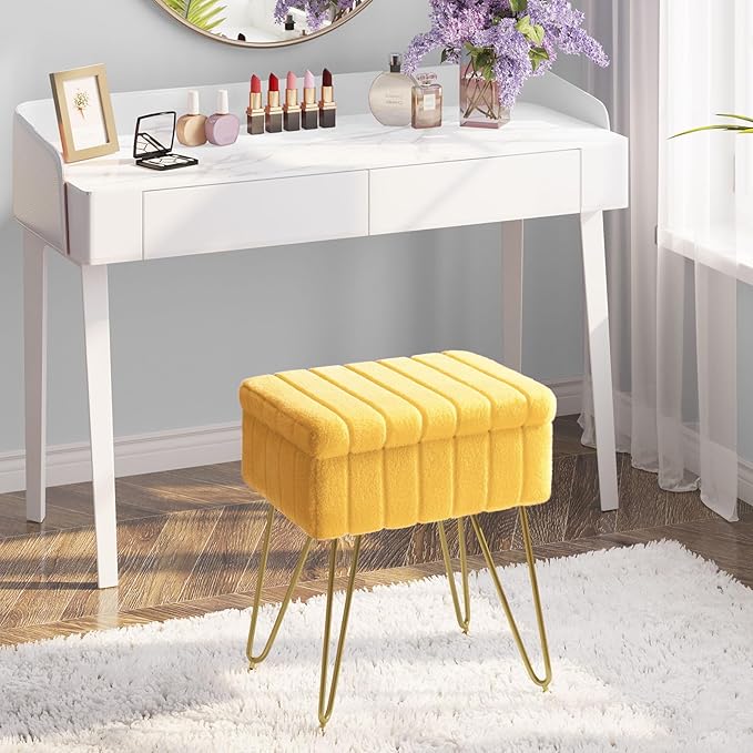 Greenstell Vanity Stool Chair Faux Fur with Storage, 15.7"L x 11.8"W x 19.4"H Soft Ottoman 4 Metal Legs with Anti-Slip Feet, Furry Padded Seat, Modern Multifunctional Chairs for Makeup, Bedroom,Yellow