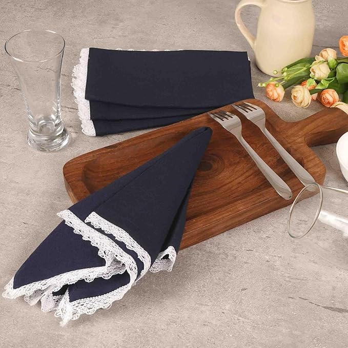 FINGERCRAFT Dinner Cloth Napkin Cotton Linen Blend 4 Pack Mitered Corners with Elegant Lace for Everyday Use Napkins are Pre Shrunk and Good Absorbency Navy Easter Color