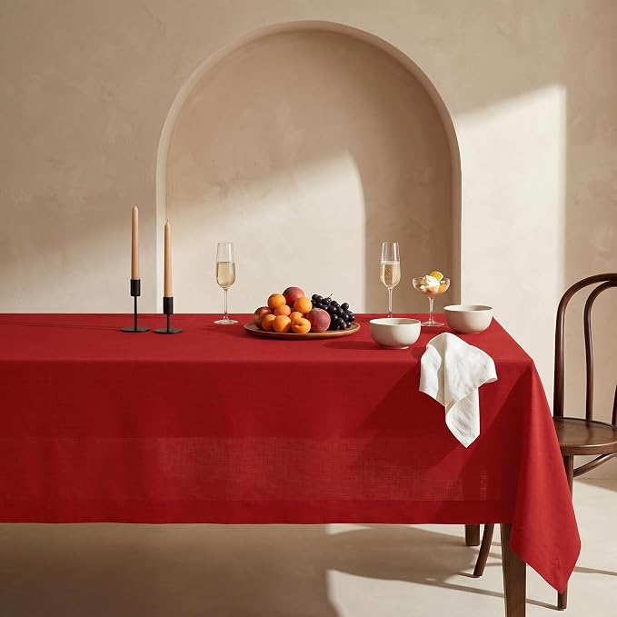 Solino Home Linen Red Tablecloth 60 x 156 Inch - 100% Pure Linen Rectangular Tablecloth - Machine Washable Table Cloth for 4th of July - Fete