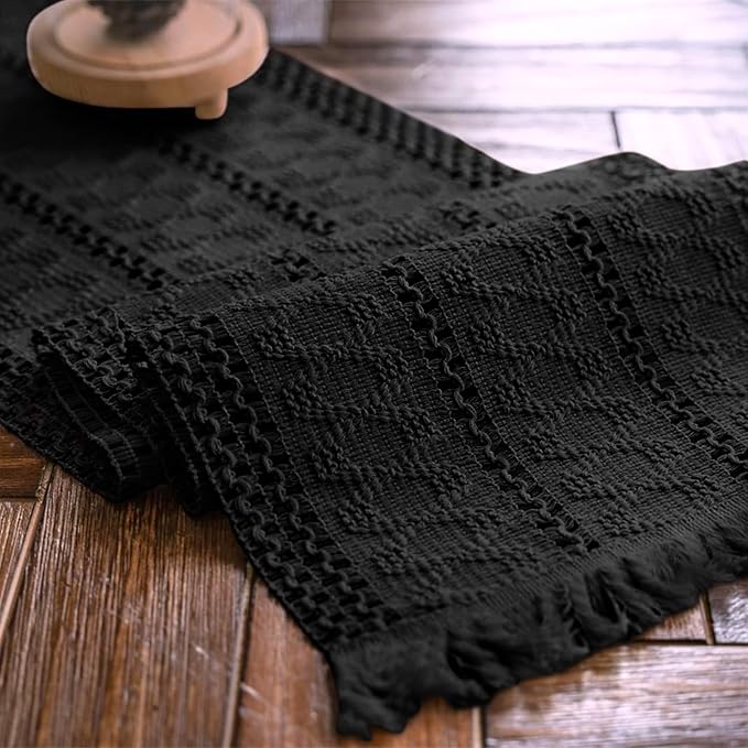 Macrame Table Runner Pure Black Boho Table Runners with Tassels Hand Woven Cotton Table Runner Rustic Farmhouse Table Runners for Bohemian Kitchen Dining Table(12x36in)
