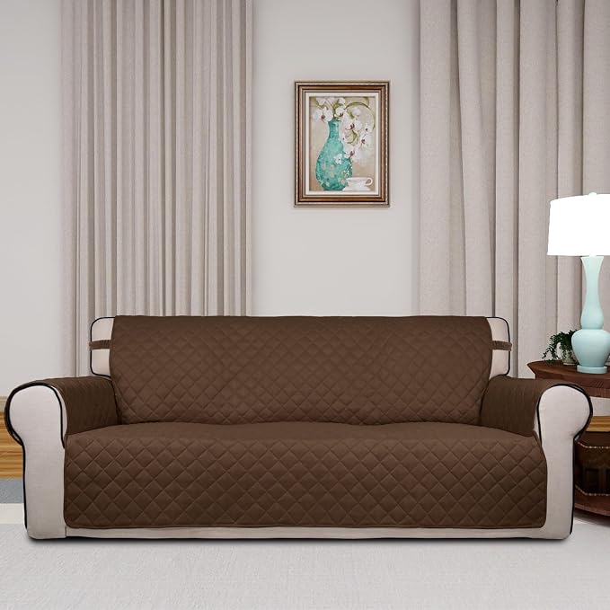 PureFit Reversible Quilted Sofa Cover, Water Resistant Slipcover Furniture Protector, Washable Couch Cover with Non Slip and Elastic Straps for Kids, Dogs, Pets (Sofa, Coffee/Ivory)
