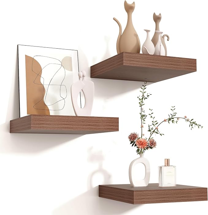 Square Floating Shelves for Wall 8"W x 8"D x 1.2"H, Small Engineered Wood Wall Shelves with Invisible Brackets for Living Room Bedroom Bathroom Office Kitchen Storage & Decor, Walnut Finish, Set of 3