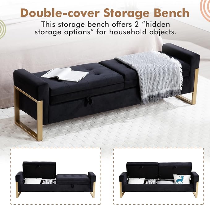 67" End of Bed Storage Bench for Bedroom King Size, Double Lids Storage Ottoman Bench with Golden Legs, Velvet Bed Bench for Living Room Window Entryway, Black