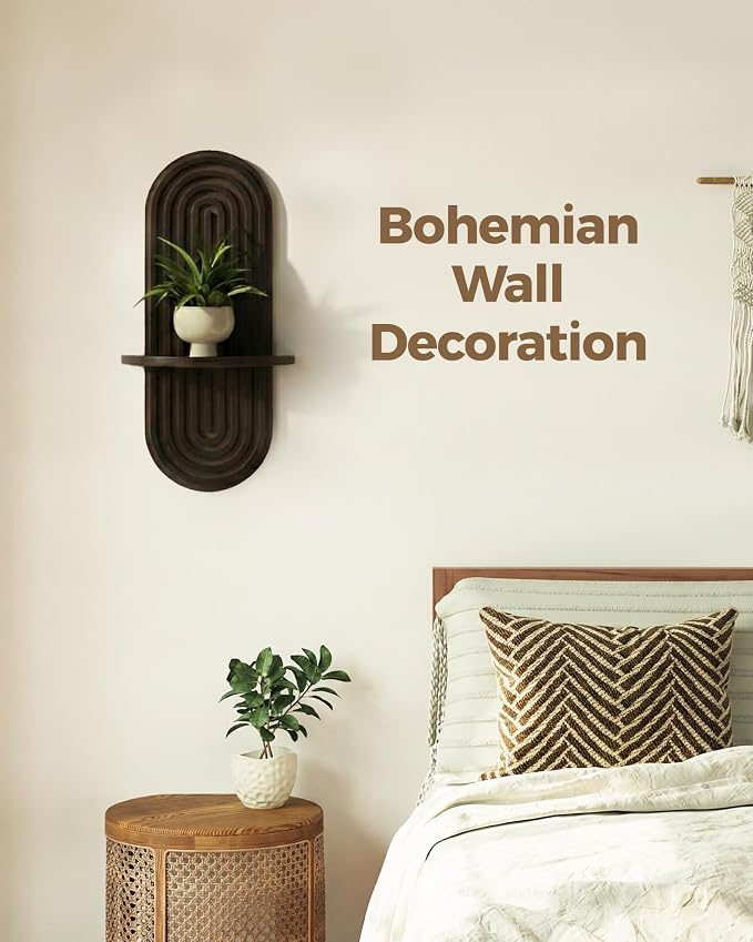 Bamworld Boho Wall Decor Brown Plant Wall Shelf, Mid Century Modern Decor Hanging Plant Shelf, 1-Tier Wooden Floating Shelves for Home, Bathroom Bedroom Living Room, Office Holding Planter