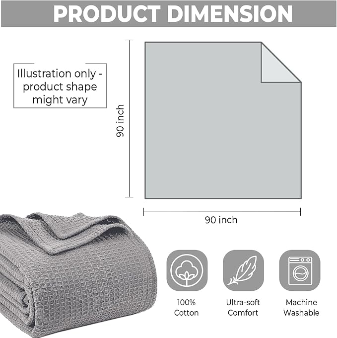 100% Cotton Blankets for Bed - Waffle Weave Blankets for Summer, Lightweight and Breathable Soft Woven Blanket for Spring (Light Grey, Queen (90" x 90"))