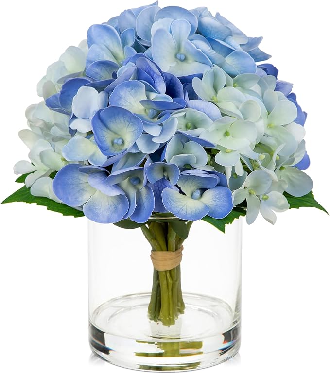 Hollyone Blue Hydrangea Artificial Flowers in Vase Latex Real Touch Small Faux Hydrangea Flowers Arrangements Hydrangeas Fake Flower with Glass Vase with Faux Water for Table Centerpiece Home Decor