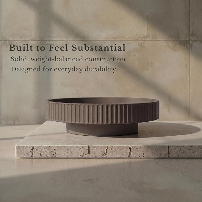 JUPTR Concrete Fruit Bowl (12") – Shallow Fluted Pedestal Decorative Centerpiece Bowl for Table, Entryway Catch-All & Modern Home Decor – Heavyweight Stone Bowl (Charcoal)