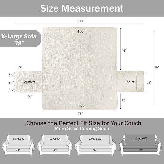 Soft Quilted Couch Cover with Pockets for Extra-Large Sofa, Anti-Slip Sofa Covers Washable for 3 Cushion Pet Friendly Medallion Oversized Sofa Cover Water-Repellent (X-Large Sofa 78", Ivory White)