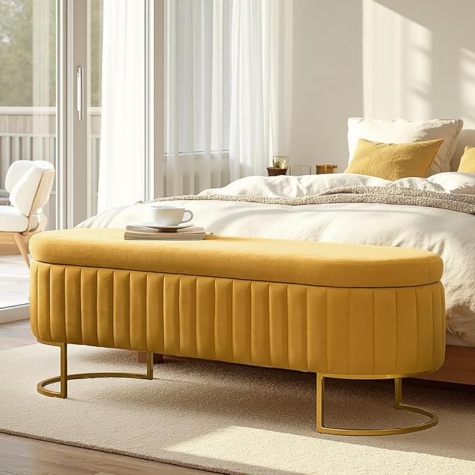 55.5" Velvet Upholstered Storage Bench with Channel Tufted Seat and Metal Legs, Multi-Functional Ottoman with Interior Organizer Pockets for Bedroom and Entryway, Flipping Lid Large Window Bench
