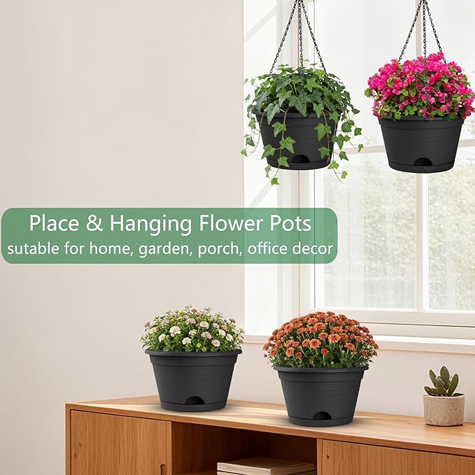 Nooulap 4 Pack Hanging Planters, 10 Inch Hanging Plant Pot with Hanger Chain & Drainage Trays, Hanging Baskets for Plants Outdoor Indoor, Flowers Pots for Home, Garden, Porch Decor (Black)