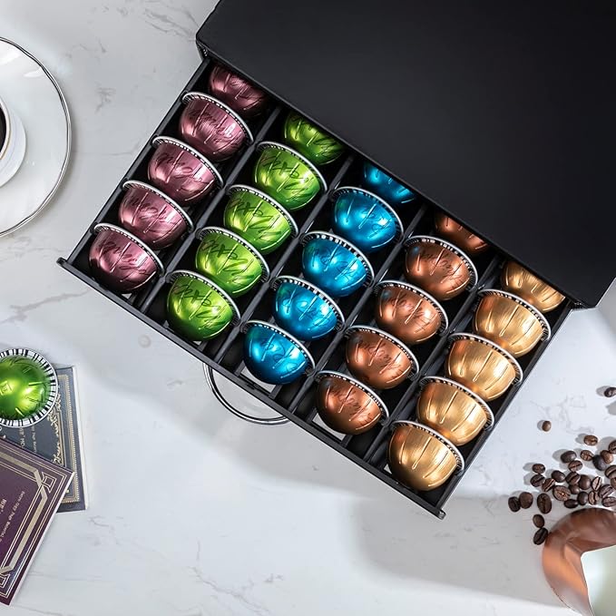 FlagShip for Nespresso Pod Storage Vertuo Pod Holder Coffee Pod Organizer Morden Design And Coffee Machine Stand Black Metal(50 Pods Capacity)