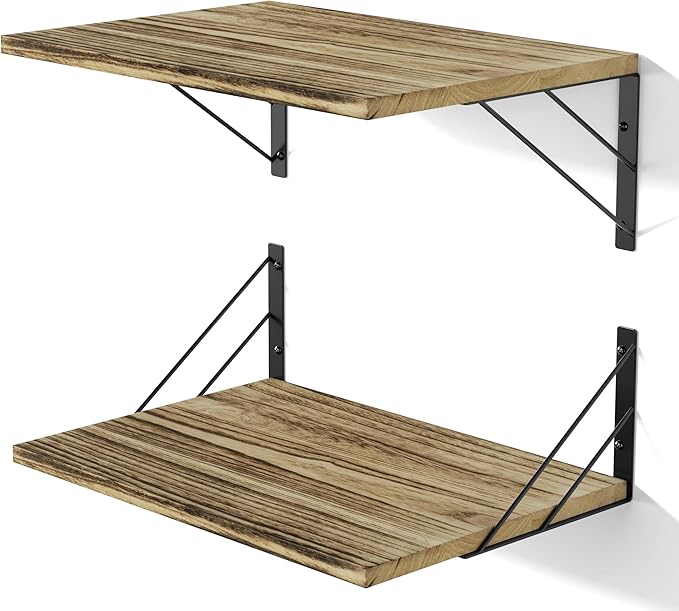 Love-KANKEI Wide Floating Shelves for Wall, Carbonized Black 16" W x 12" D Large Deep Wood Wall Shelves for Storage in Bathroom, Bedroom, Living Room, and Kitchen Set of 2