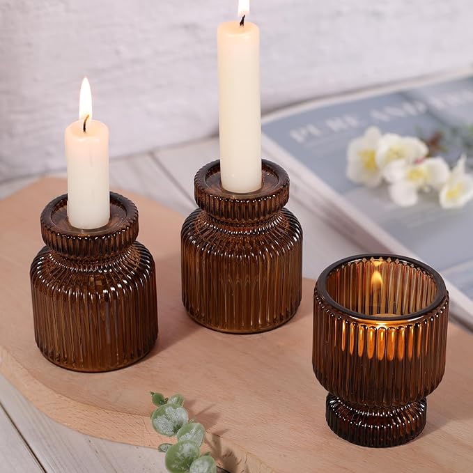 DARJEN 6 Pcs Amber Candlestick Holders - Glass Taper Candle Holders Tealight Votive Candle Holders for Table Centerpieces, Wedding, Dinner Party, Home, Gifts (Pack of 2)