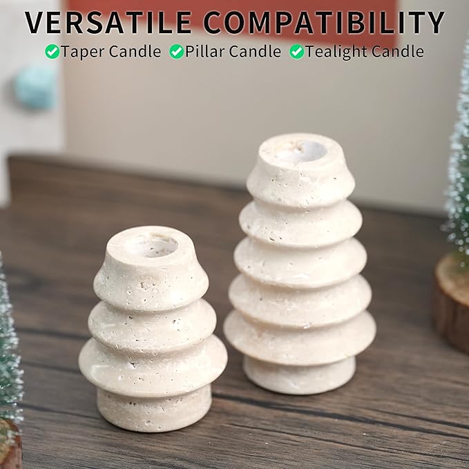 Travertine Marble Candlestick Holders - Set of 2 Stone Candle Sticks Holder Tree Decor, Decorative Modern Candle Stands for Taper Candles