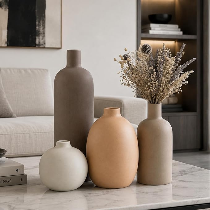 Ceramic Vase Set of 4 – Handmade Boho Neutral Farmhouse Pottery Vases for Pampas Grass, Modern Dried or Fresh Flowers, Decorative Vases for Living Room, Table, Shelf & Entryway