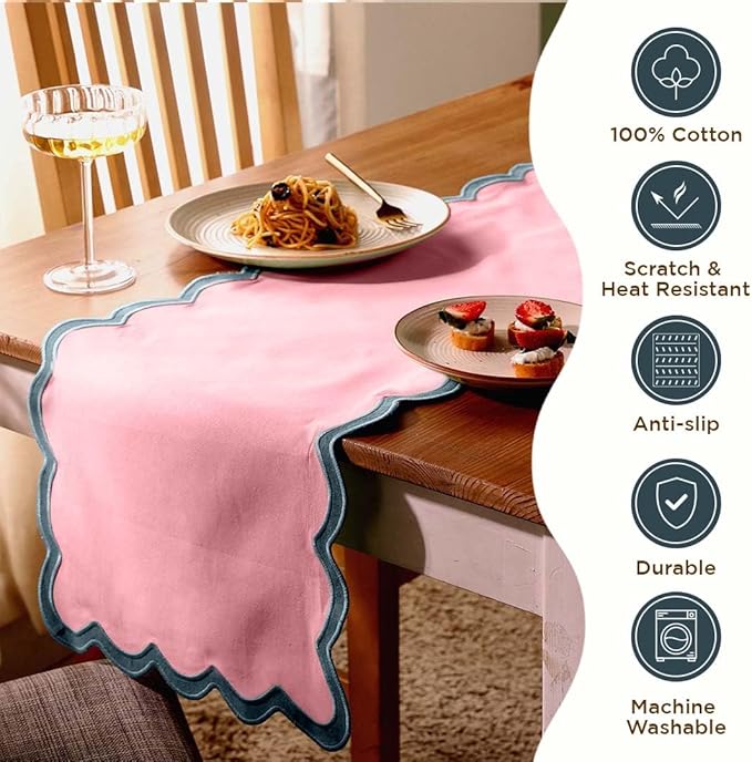 Folkulture Table Runner 108 inches Long | Scalloped Pink Table Runner for Dining Room, Party Decorations | 100% Cotton, Machine Washable, Farmhouse Table Runner for Hannah Montana Party Decorations