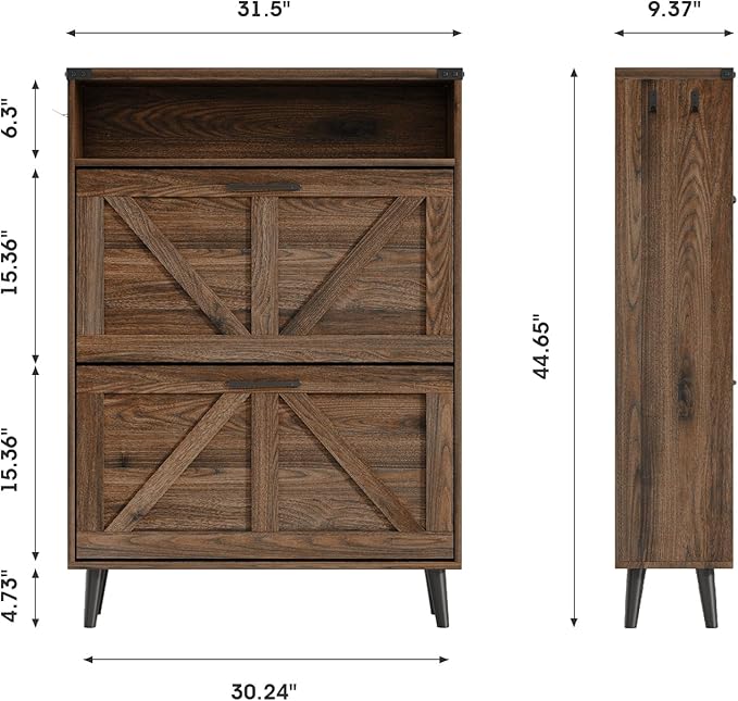 Halitaa Shoe Cabinet with 2 Flip Drawers & Open Storage,Farmhouse Shoe Storage Cabinet for Entryway,Freestanding Narrow Organizer Rack with Legs,Foyer,Hallway,Dark Walnut