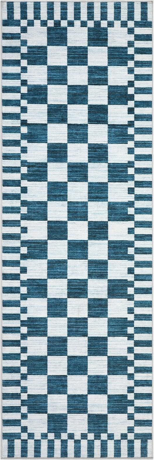 GarveeHome 2.5×8 Kitchen Runner Rug Non Slip,Blue and White Checkered Rug, Washable Runner Rug for Hallway Soft Low-Pile Geometric Modern Rugs for Entryway