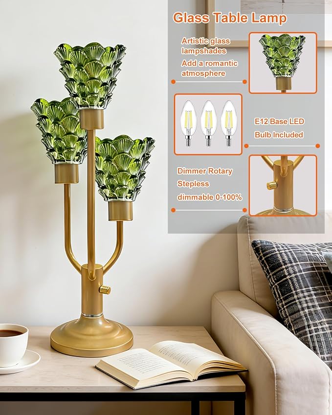 Lightdot Modern Glass Green Table Lamp for Living Room Dimmable Mid Century Gold Desk Lamp with Thickened Shell Glass 3 Bulbs Included 3000K Warmwhite Nightstand Lamp for Bedroom Bedside End Table