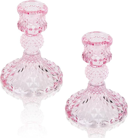 Glass Candle Holder, 2PCS Decorative Candle Sticks Pillar Candle Stand for Formal Events Wedding Party Table Centerpieces Home Decoration, Pink