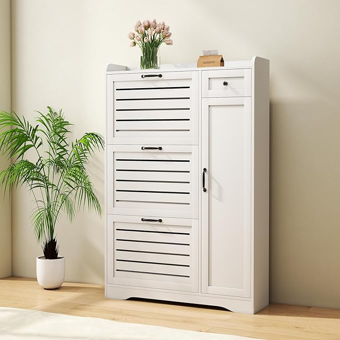 Narrow Shoe Storage Cabinet with 3 Flip Drawers, Doors & Adjustable Shelves, Slim Shoe Rack Cabinet for Entryway Closet, Deodorizing Wooden Boot Storage Organizer Freestanding Hidden, White