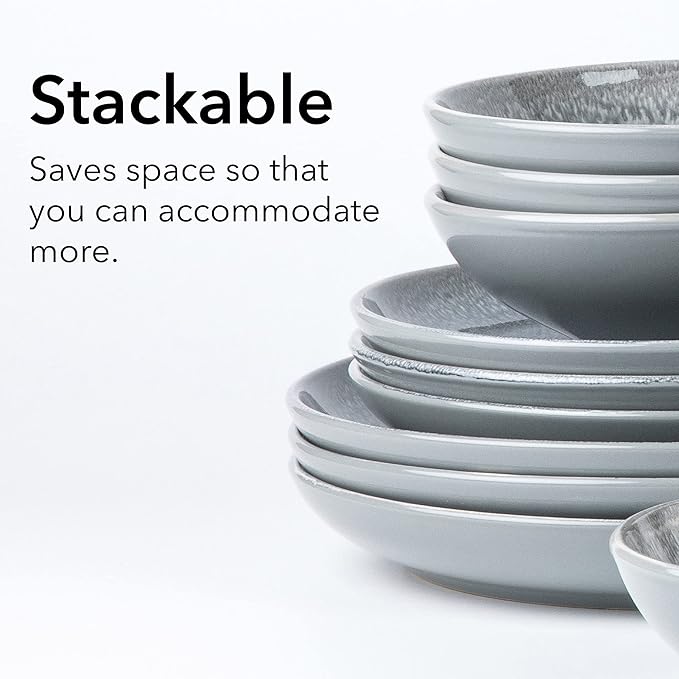 Arora FAIT Round Stoneware 16pc Dinnerware Set for 4, Dinner Plates, Side Plates, Cereal Bowls, Mugs - Reactive Glaze Grey (448158)