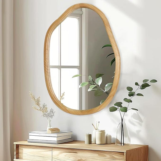 Gluck Plants Irregular Wall Mirror,Wood 22X30 Large Asymmetrical Modern Vanity Bathroom Farmhouse Abstract Walnut Nature Mirror for Bedroom Living Room Entryway