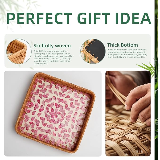 1 pcs Rectangle Rattan Serving Tray with Mother of Pearl Inlay, Decorative Wicker Tray for Coffee, Bread, Fruits, Elegant Table Decor for Living Room & Dining Room