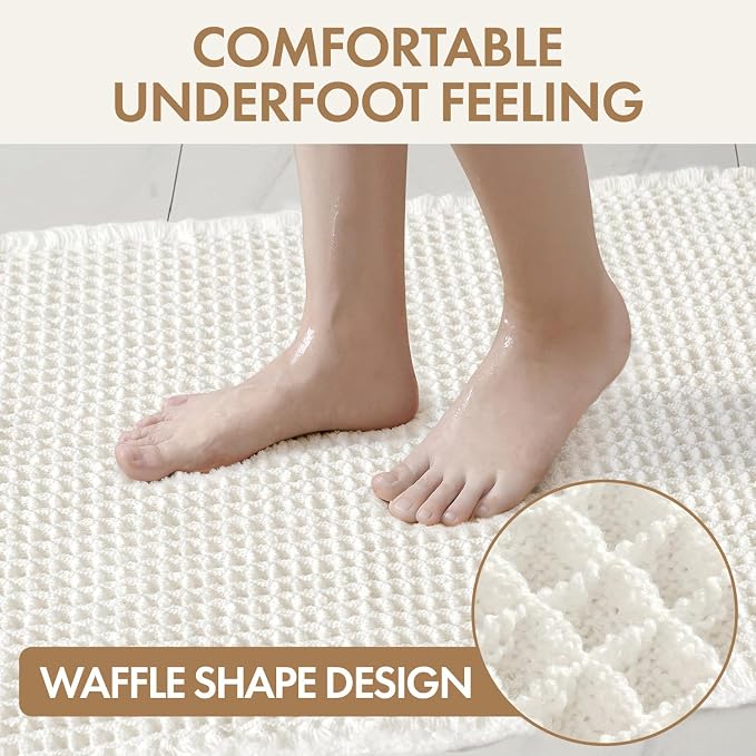 MIULEE Waffle Bathroom Runner Rugs, Super Absorbent Non Slip Bath Rug, Upgraded Soft Quick Dry Washable Boho Long Bath Mat with Tassels for Hallway Laundry Room Bedroom, 2'x4' (24"x48"), White