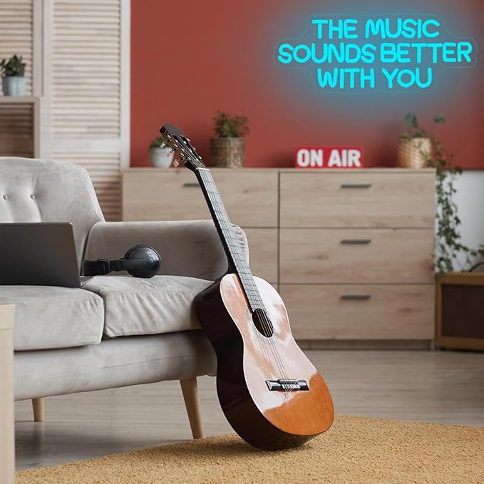 "The Music Sounds Better With You" Neon Sign Music Neon Light for Wall Decor Letter LED Neon Sign Blue Led Neon Light for Bedroom Studio Record Shop Decoration