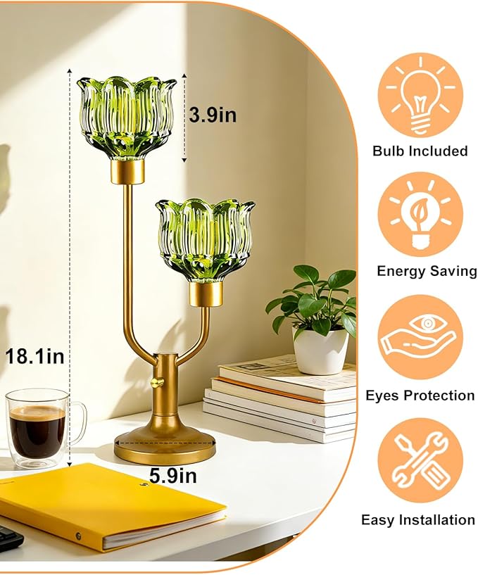 Lightdot Mid Century Modern Glass Green Table Lamp Dimmable U-Shaped Gold Desk Lamp with Lotus Glass Shade & 2Pcs Bulbs Included 3000K Warmwhite Nightstand Lamp for Living Room Bedroom End Table