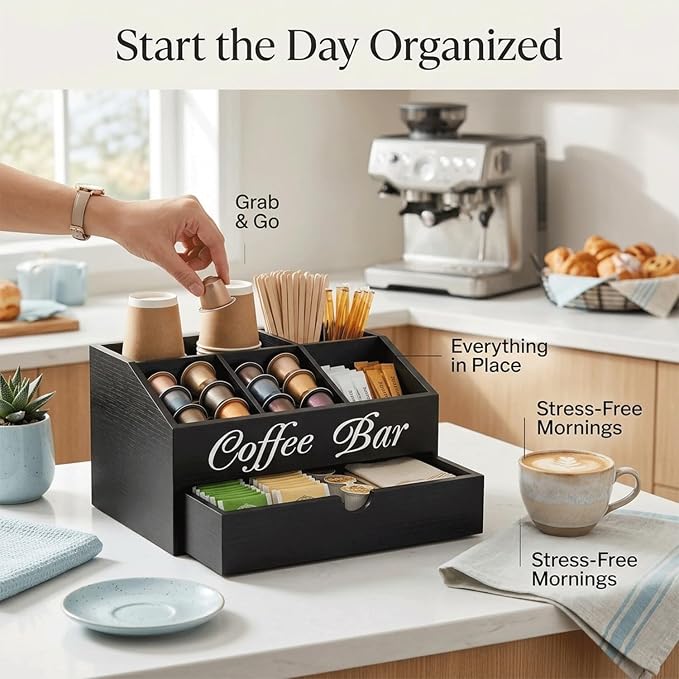 Wooden Coffee Station Organizer with Drawer, 5 Compartment Snack Organizer for Countertop, Coffee Bar Organizer for K-Cups, Tea Bags, Condiments & Office Pantry Storage